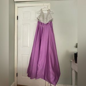 purple and white satin gown